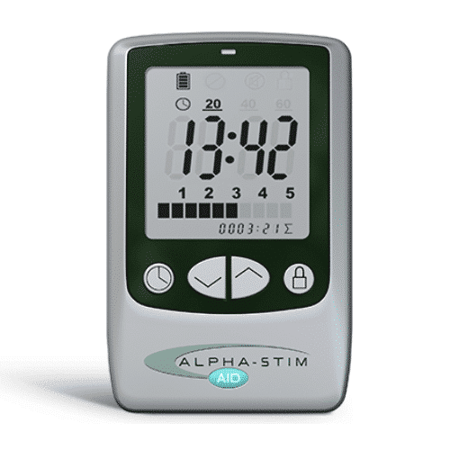 White Alpha-Stim AID controller with wired ear-clip electrodes