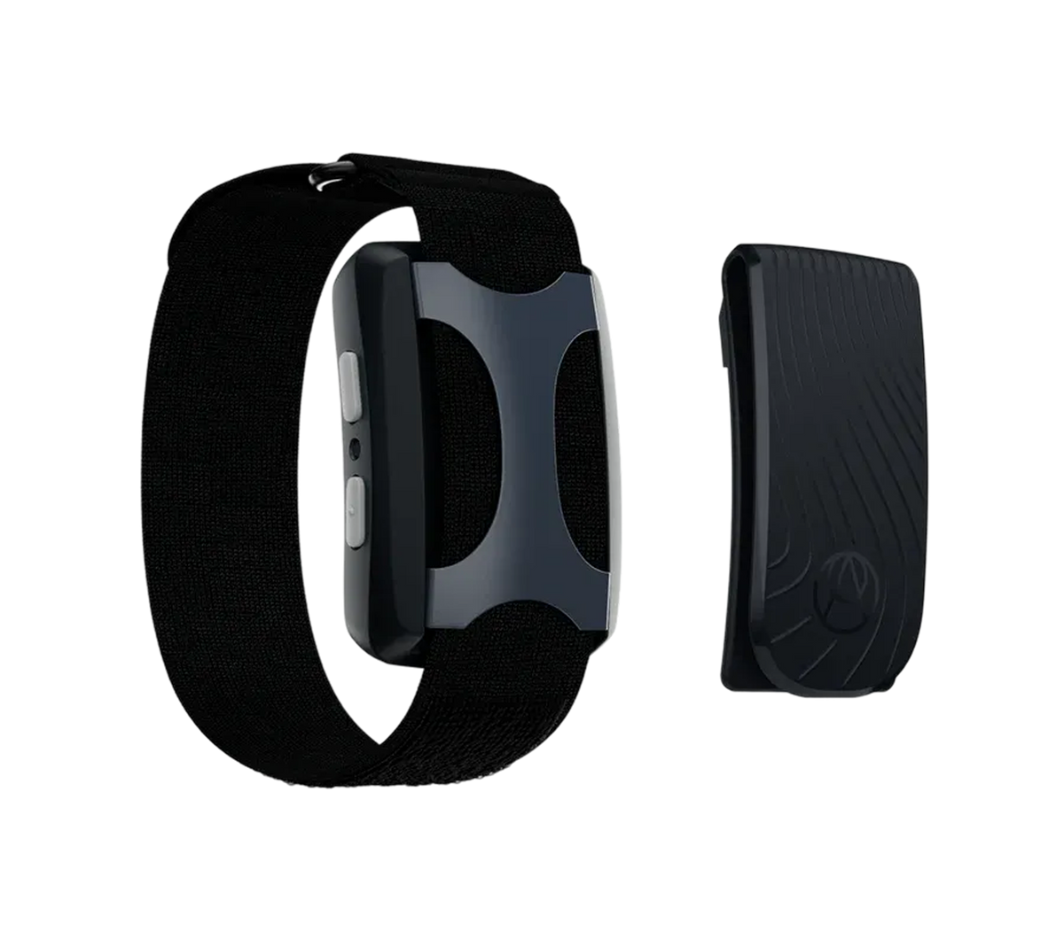 Apollo wearable shown with wrist band and clip