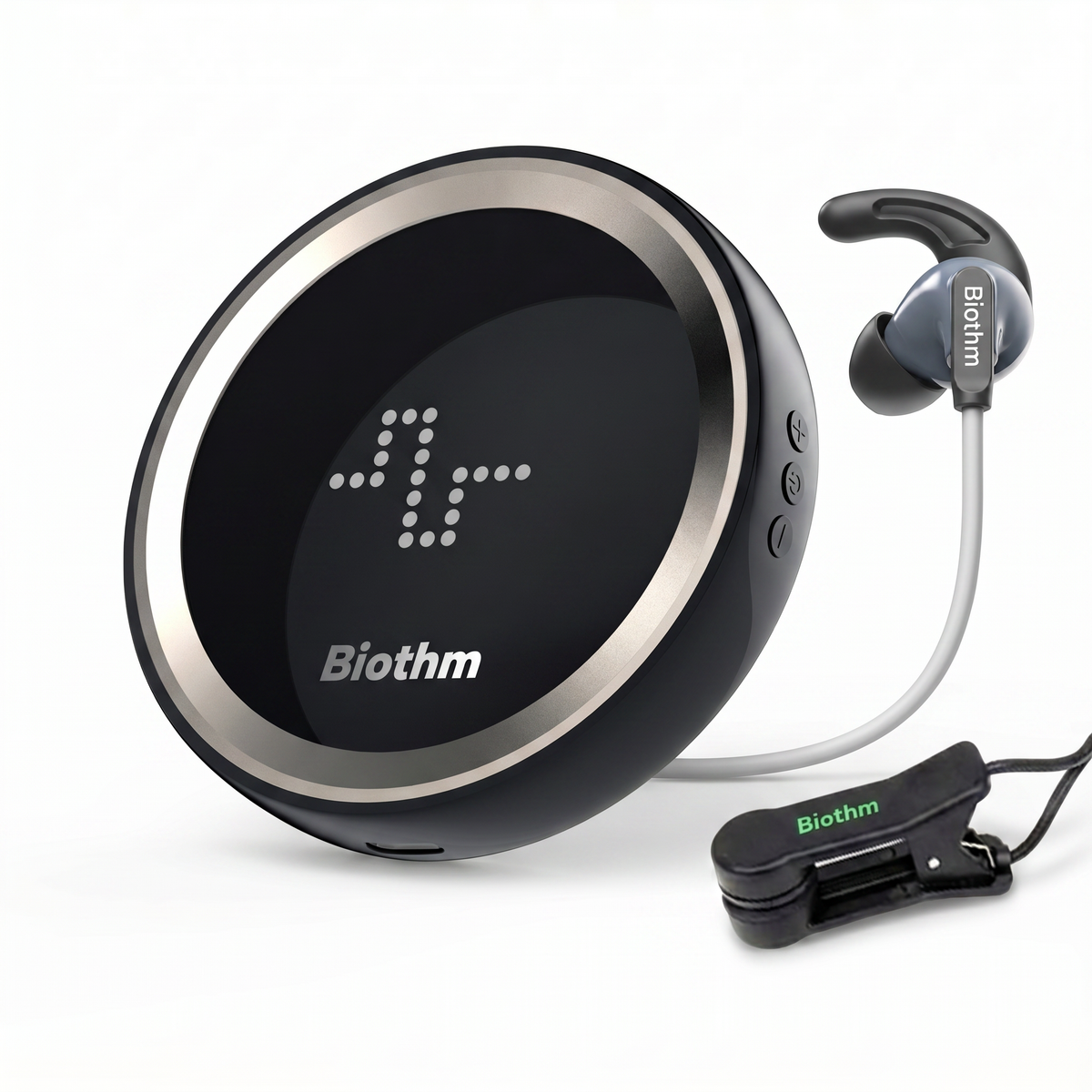 Black Biothm VNTune EZ controller with reusable in-ear electrode and cable